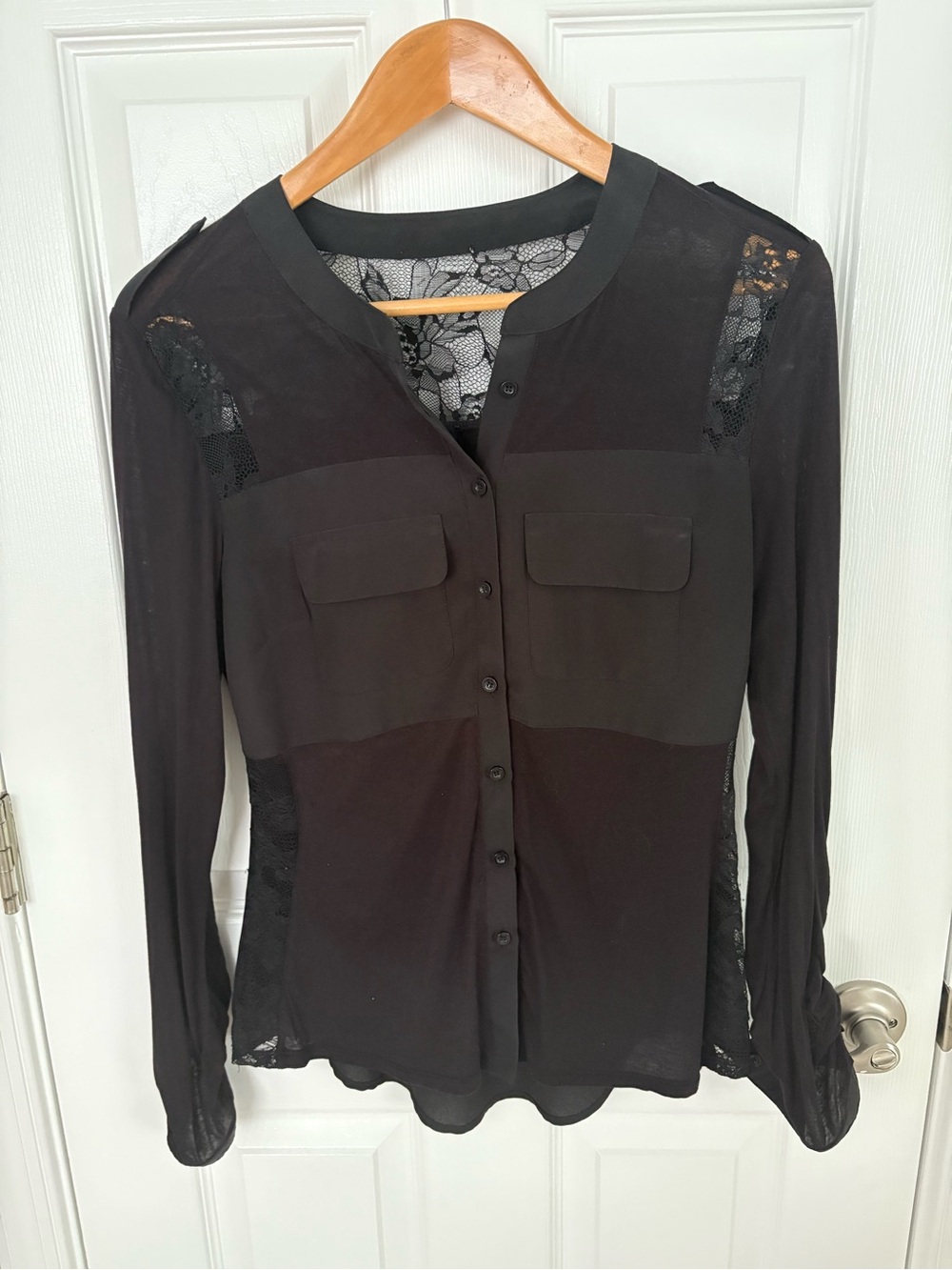 BEBE Black Lace-Back Button-Front Women's Top